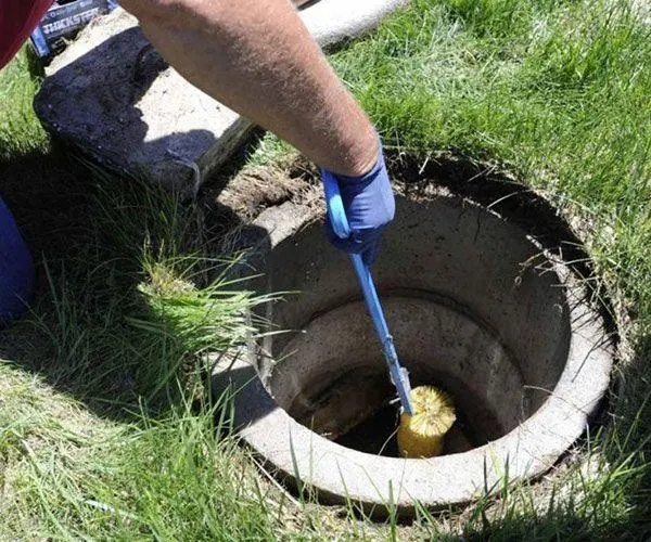 Technician probing a septic tank opening in a lawn