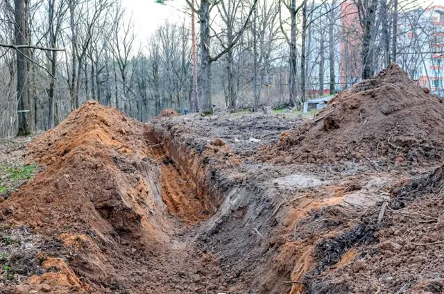 Deep trench through a wooded lot