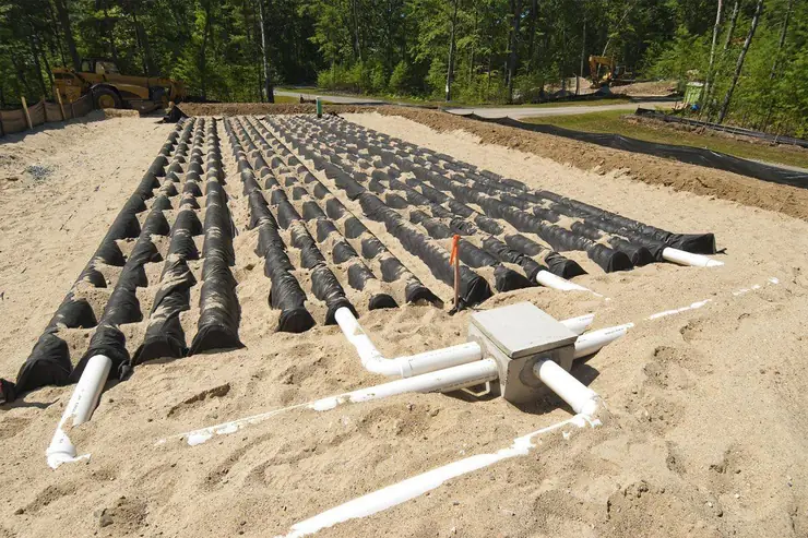 Aerobic drain field chambers and distribution box laid in a sand bed