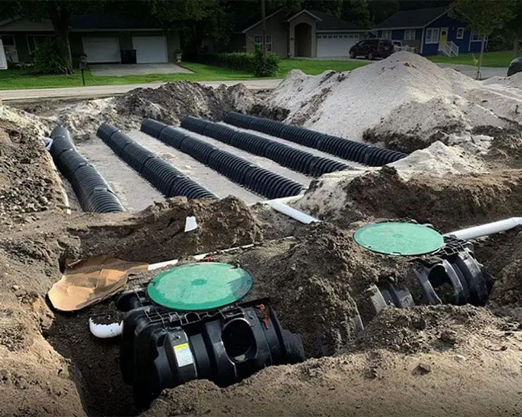 Septic tank and drain field chambers during installation