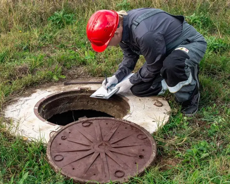 Inspector examining a septic tank opening with the lid removed