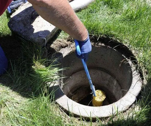 Technician probing a septic tank opening in a lawn