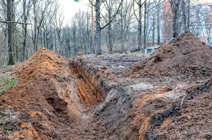 Deep trench through a wooded lot
